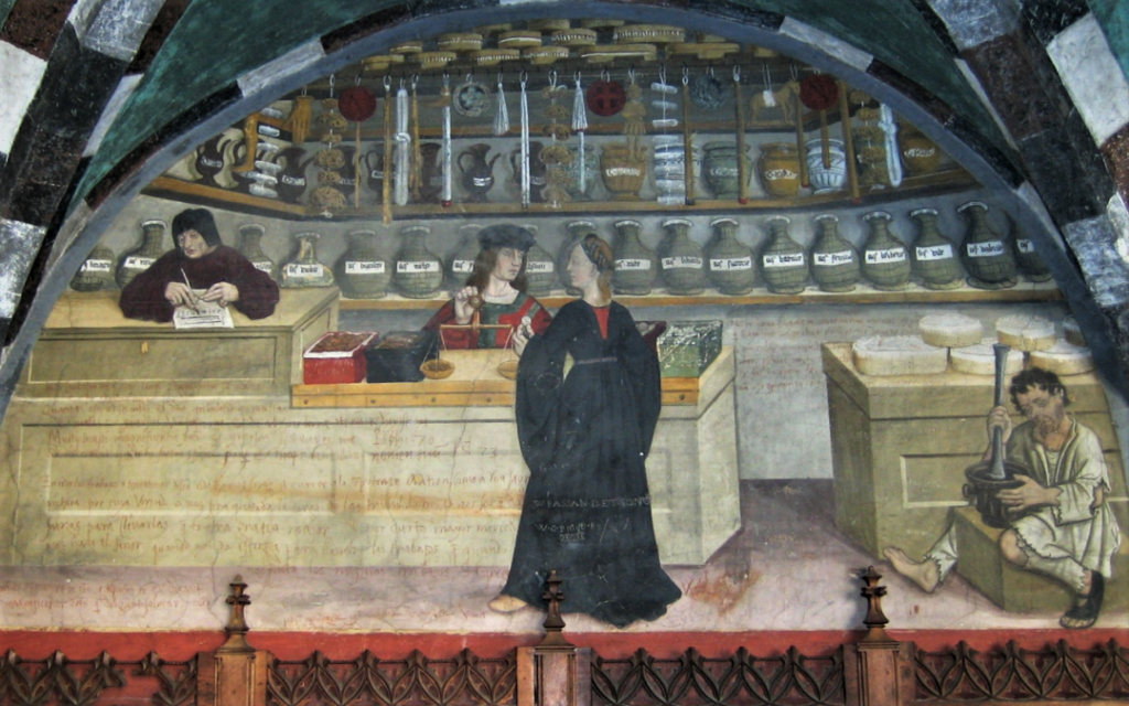 Foto: affresco di una farmacia (Magister Collinus, secc. XV-XVI), Castello di Issogne, Val d’Aosta