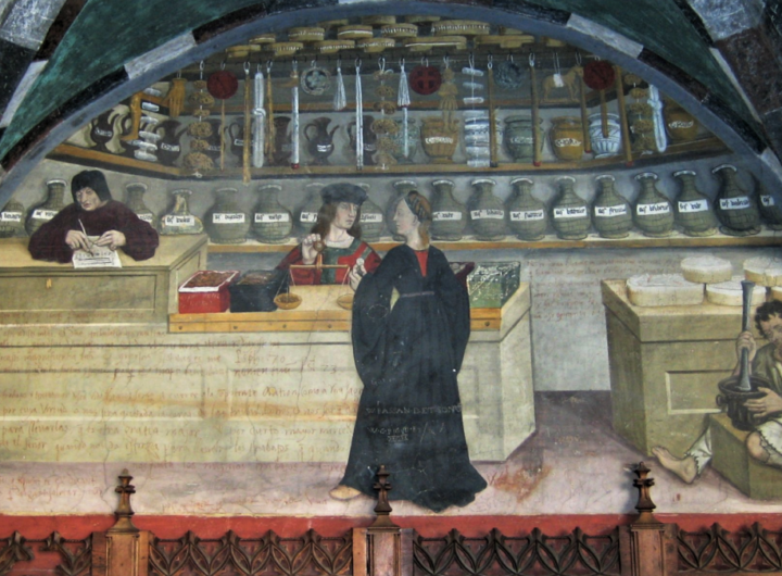 Foto: affresco di una farmacia (Magister Collinus, secc. XV-XVI), Castello di Issogne, Val d’Aosta